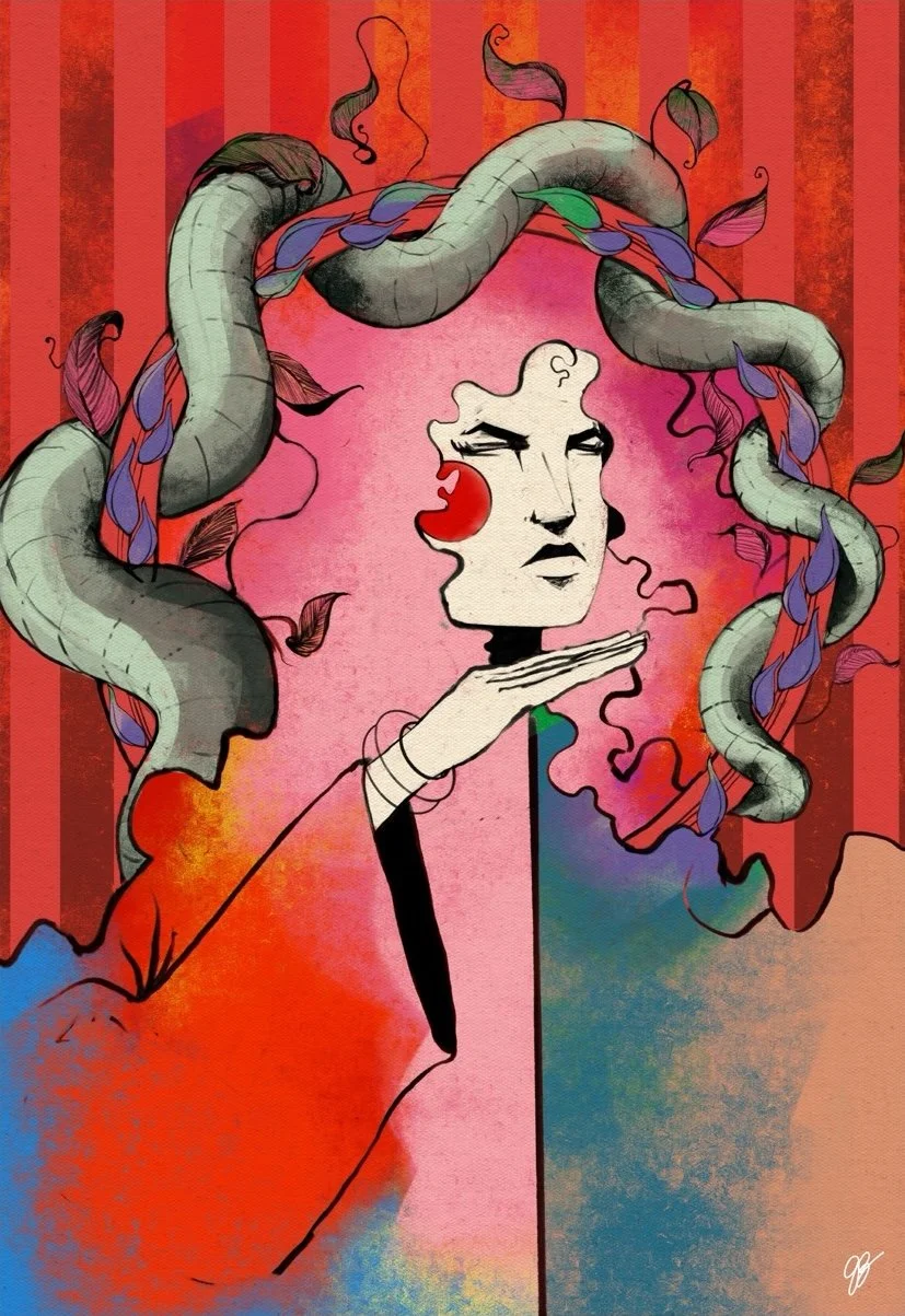 Abstract illustration of a woman's face with stylized features, surrounded by swirling gray and purple snakes against a vibrant red and pink background.