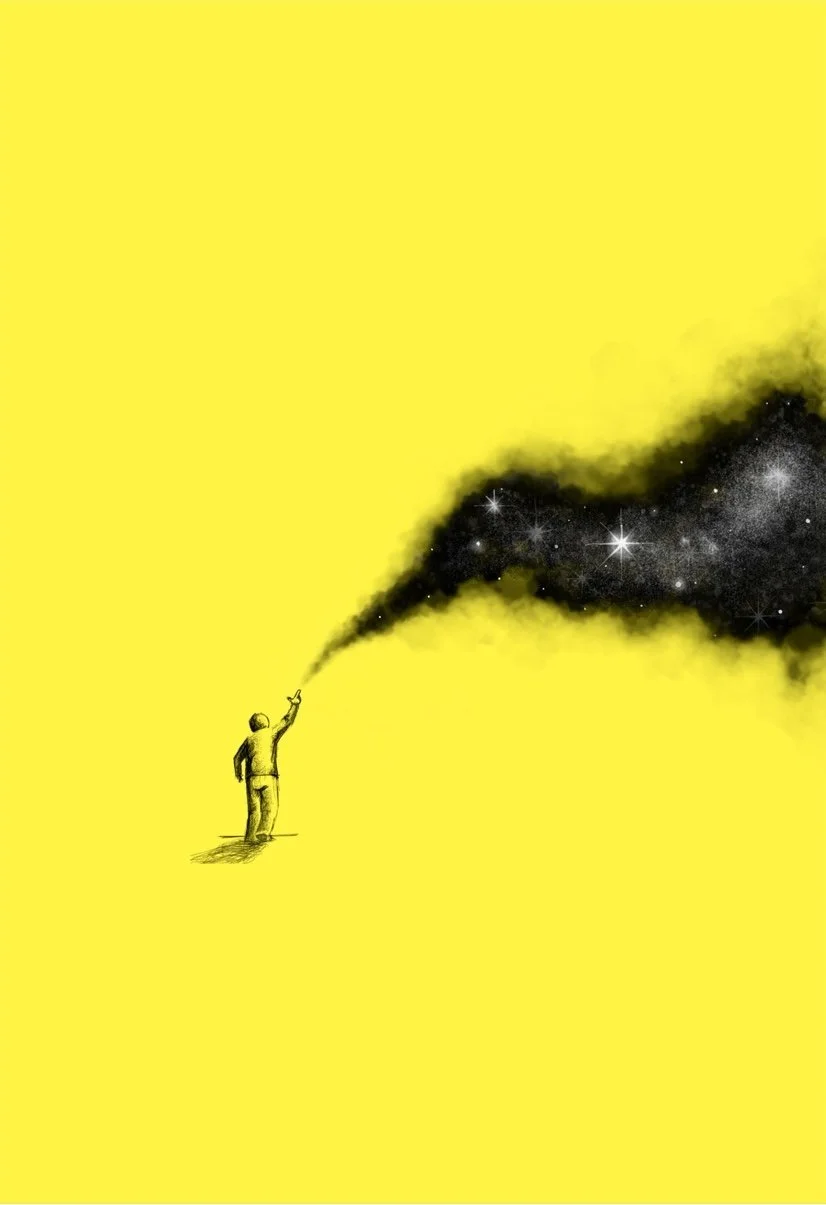 A person in a suit standing on a yellow background, pointing towards a black cloud with stars and galaxies, resembling outer space.