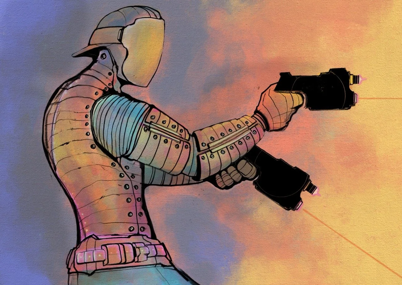 Illustration of a futuristic robot holding two laser guns, with a colorful sunset sky in the background.