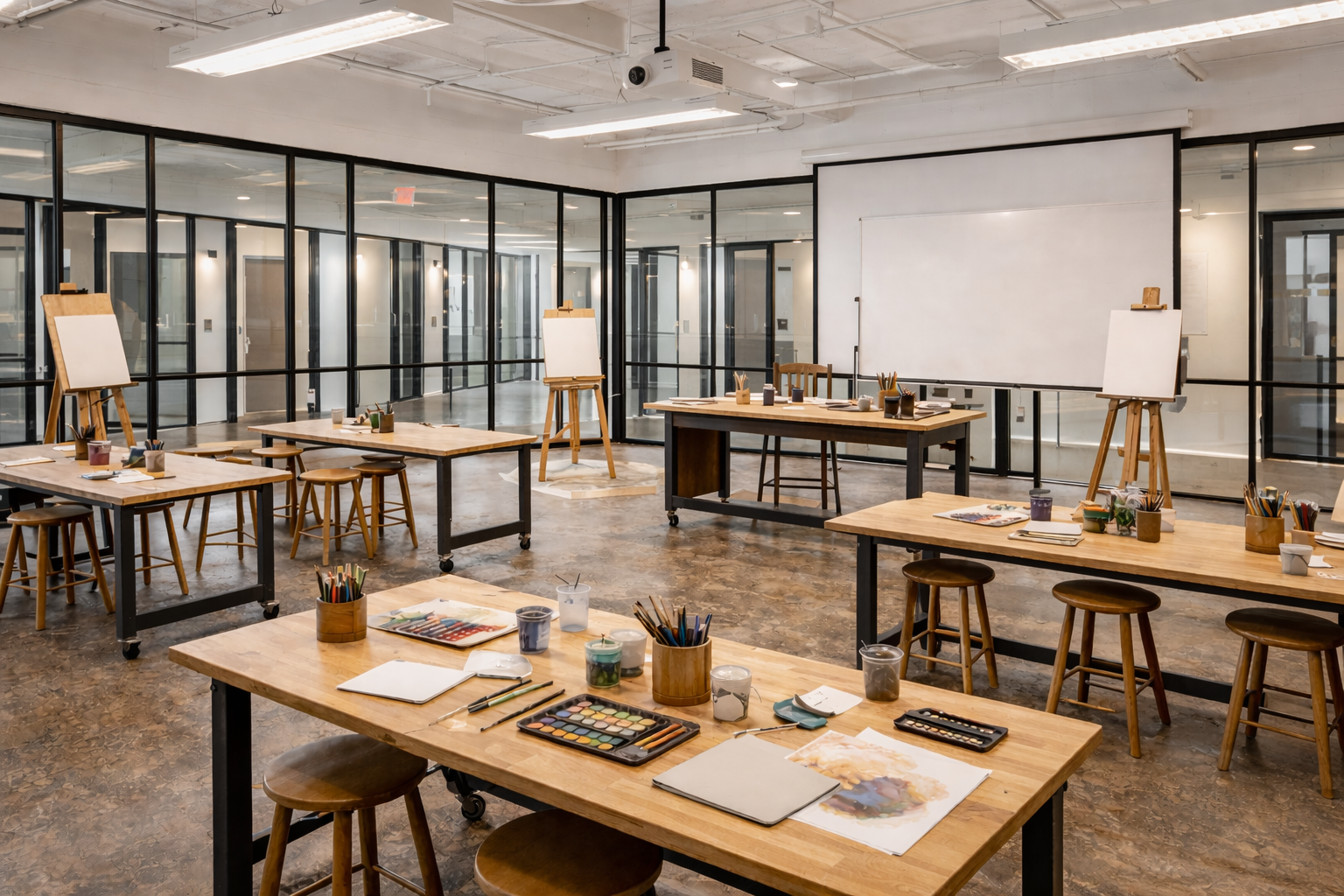 Empty art classroom with wooden tables, painting supplies, easels, and a large whiteboard or canvas in front, surrounded by glass-walled rooms.