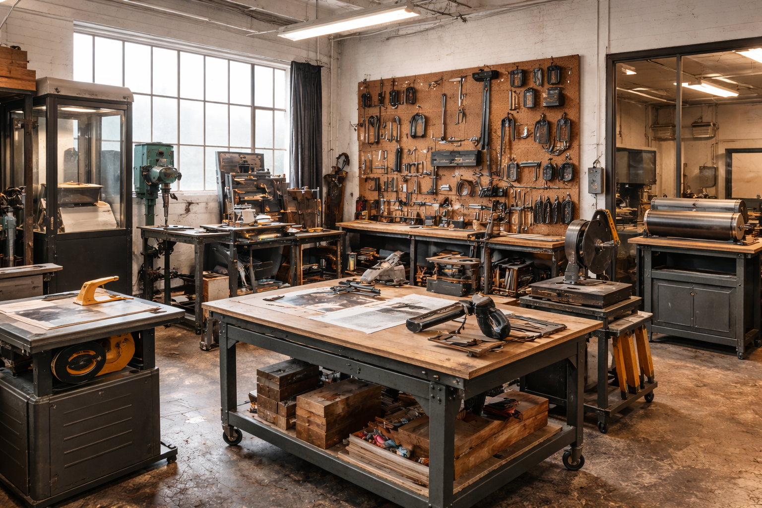 A well-organized woodworking workshop with various tools on a pegboard, worktables with tools and materials, and industrial machinery, illuminated by natural light from large windows.