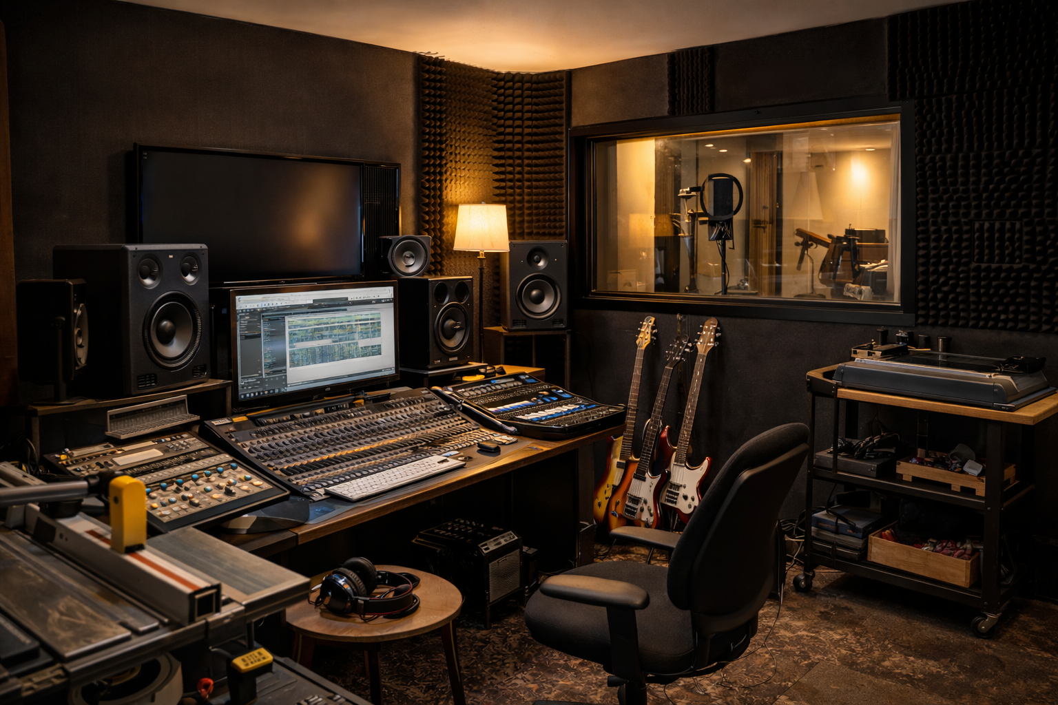 Recording studio with sound equipment, guitars, and mixing console