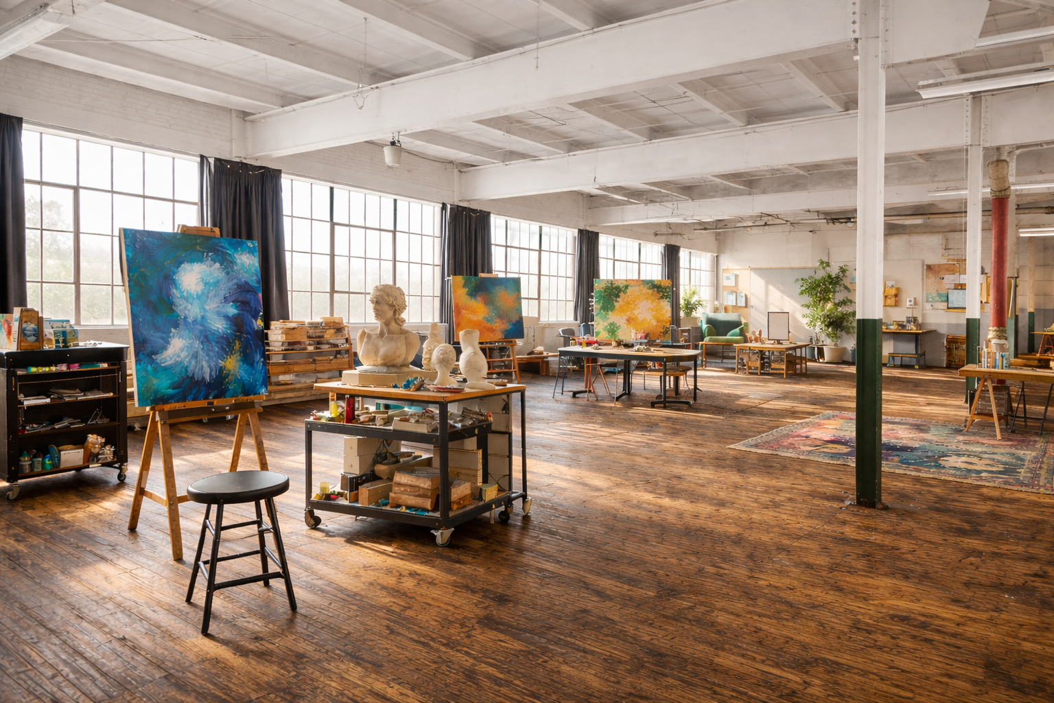 An art studio with wooden floors, large windows, and various artworks including abstract paintings on easels, sculptures on tables, and craft supplies, illuminated by natural light.