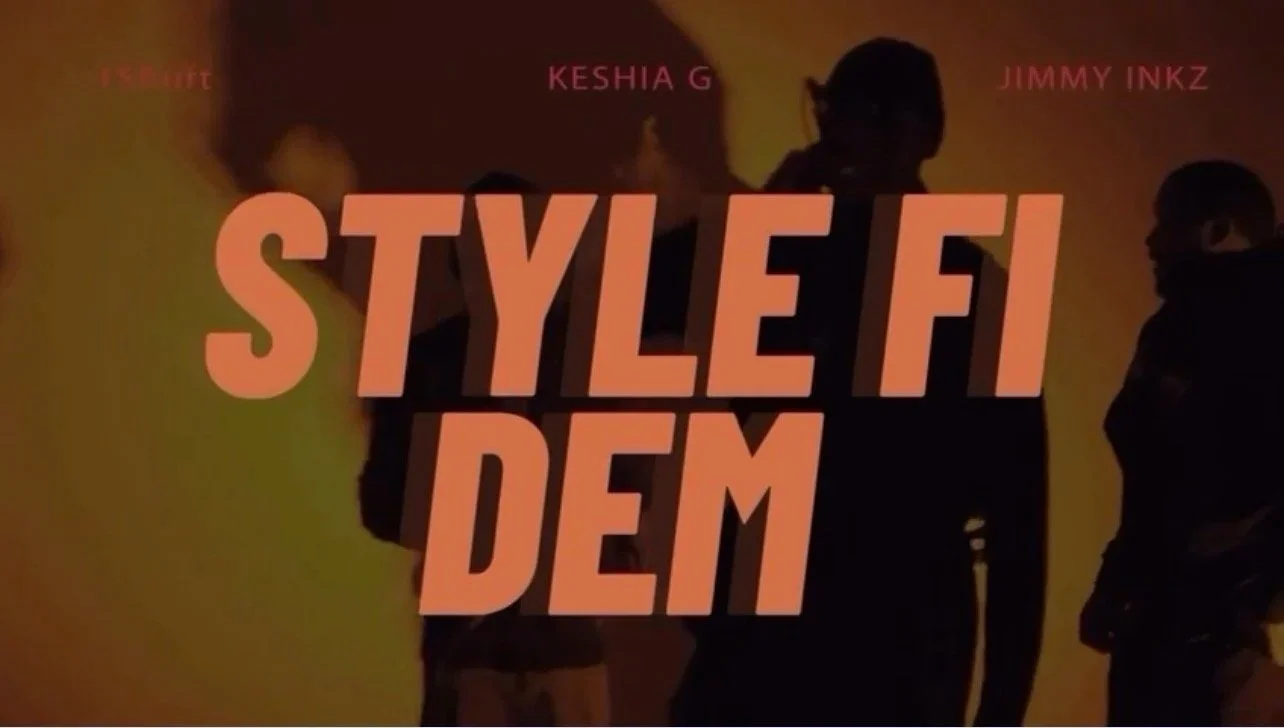 Silhouettes of four people standing against a warm, fiery background with the text 'STYLE FI DEM' and smaller names 'KESHIA G', 'JIMMY INKZ', and '1 SHIIFT'