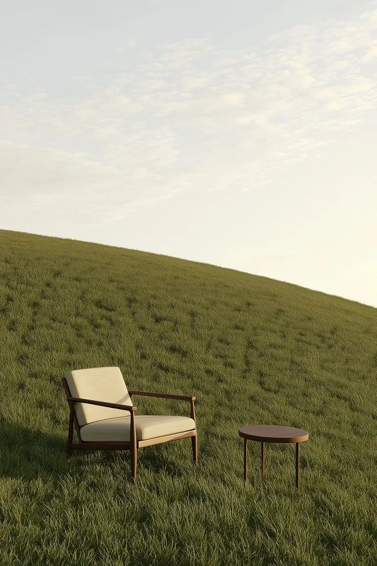 A beige armchair with wooden arms and legs next to a small round wooden table in a grassy field with a hill and cloudy sky in the background.