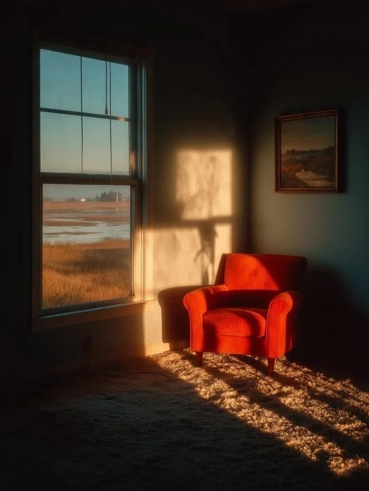 Sunlight casting a shadow of a lamp onto a beige wall in a room. A red armchair is placed near the wall, illuminated by the sunlight. There is a window showing a landscape of open fields and water. A framed painting hangs on the wall beside the armchair.