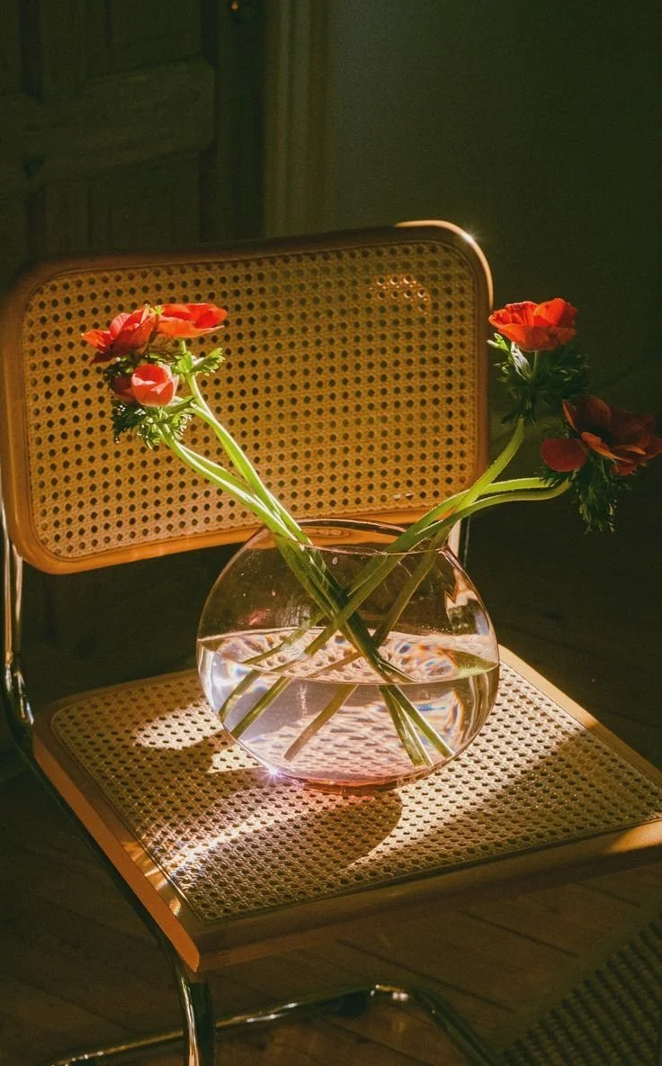 Red and pink flowers in a round glass vase on a woven seat chair with light shining on them.