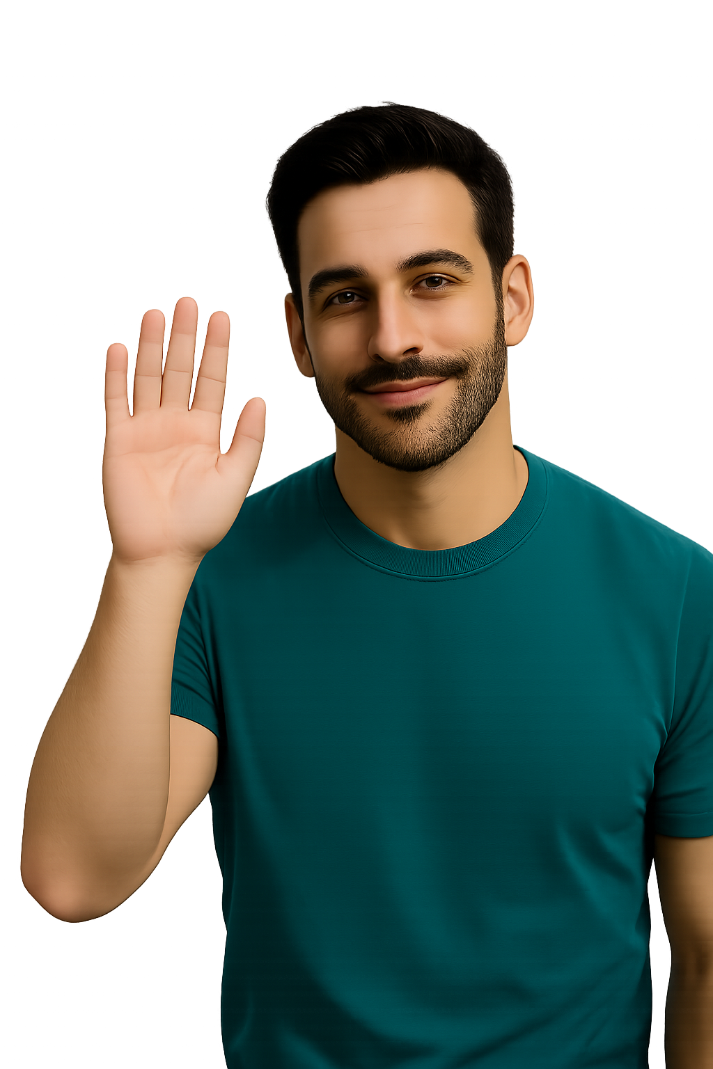 Theo waving with a slight smile