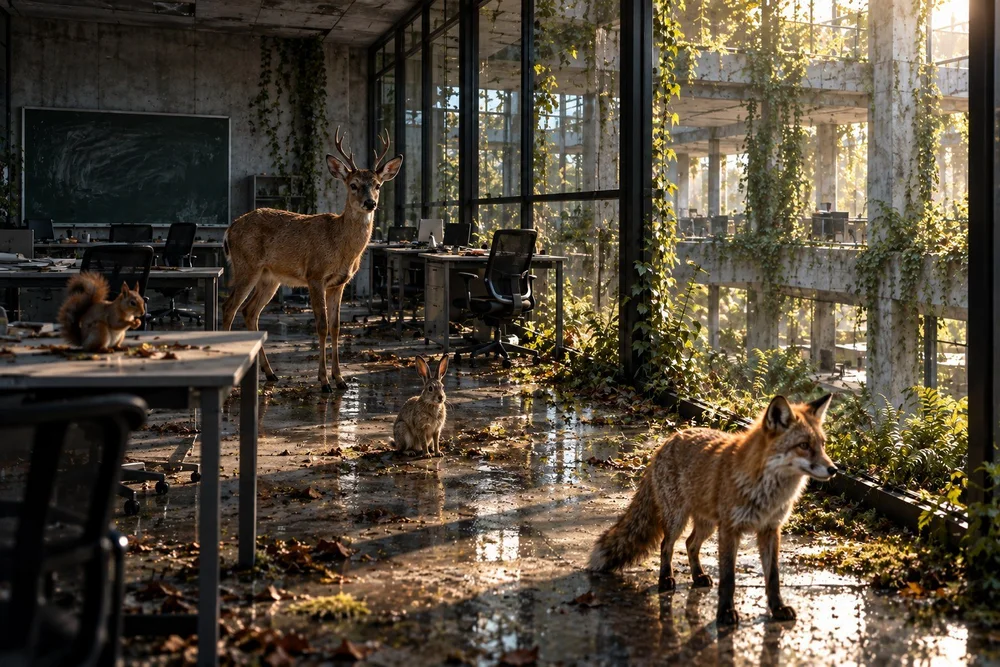 Le daguet et plusieurs animaux dans un ancien espace de travail de l’atrium, avec un tableau vert à la craie.