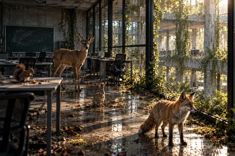 Le daguet et plusieurs animaux dans un ancien espace de travail de l’atrium, avec un tableau vert à la craie.