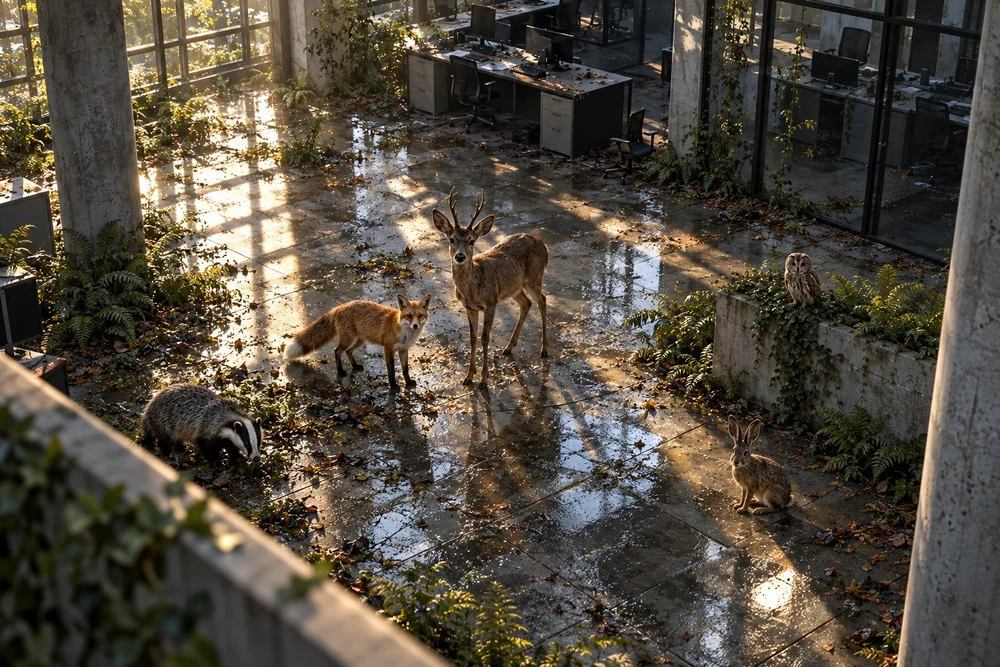 Vue depuis la mezzanine sur le daguet et plusieurs animaux de la forêt réunis dans le même atrium.