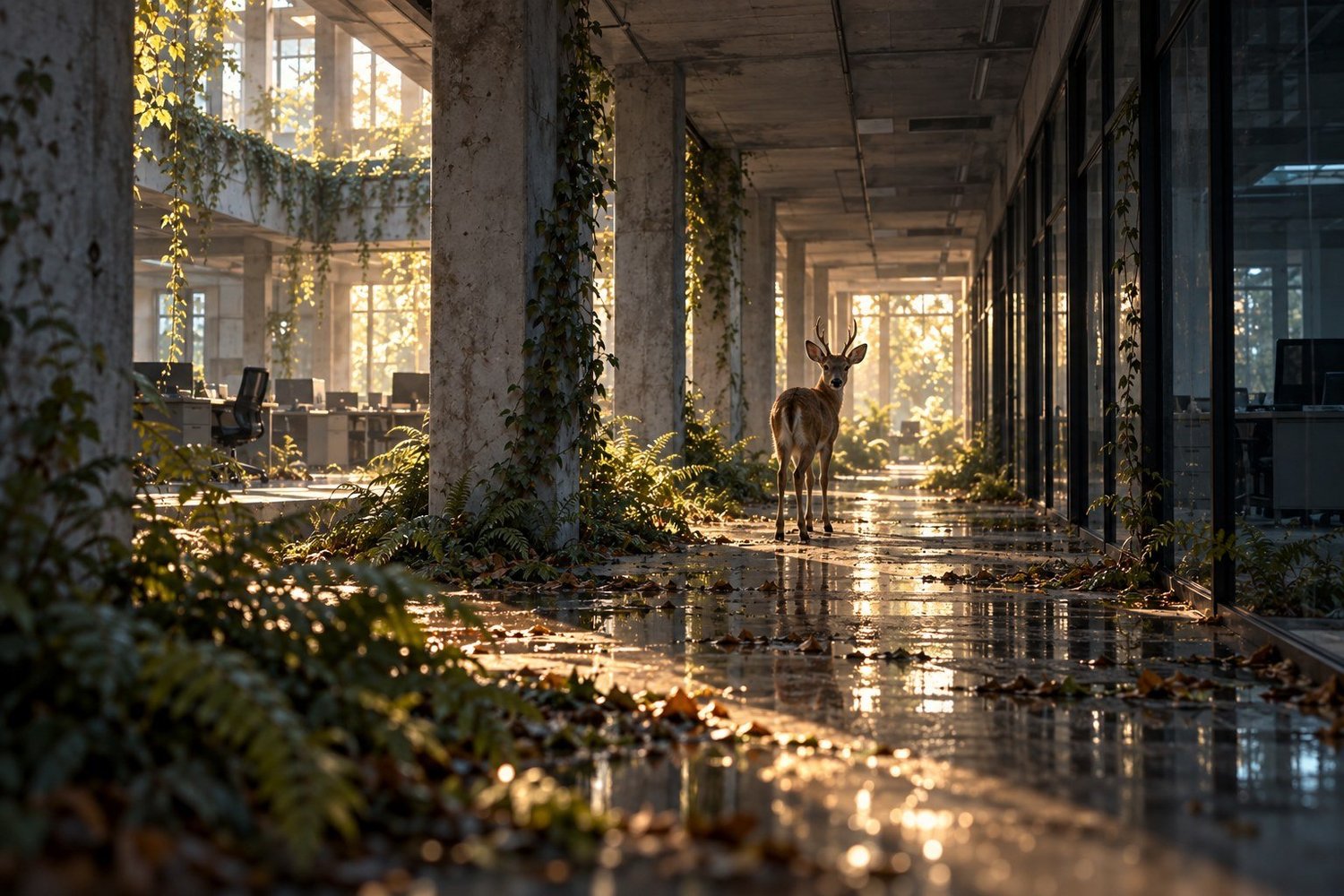 Le daguet se retourne dans un passage lumineux de l’ancien bâtiment de bureaux.