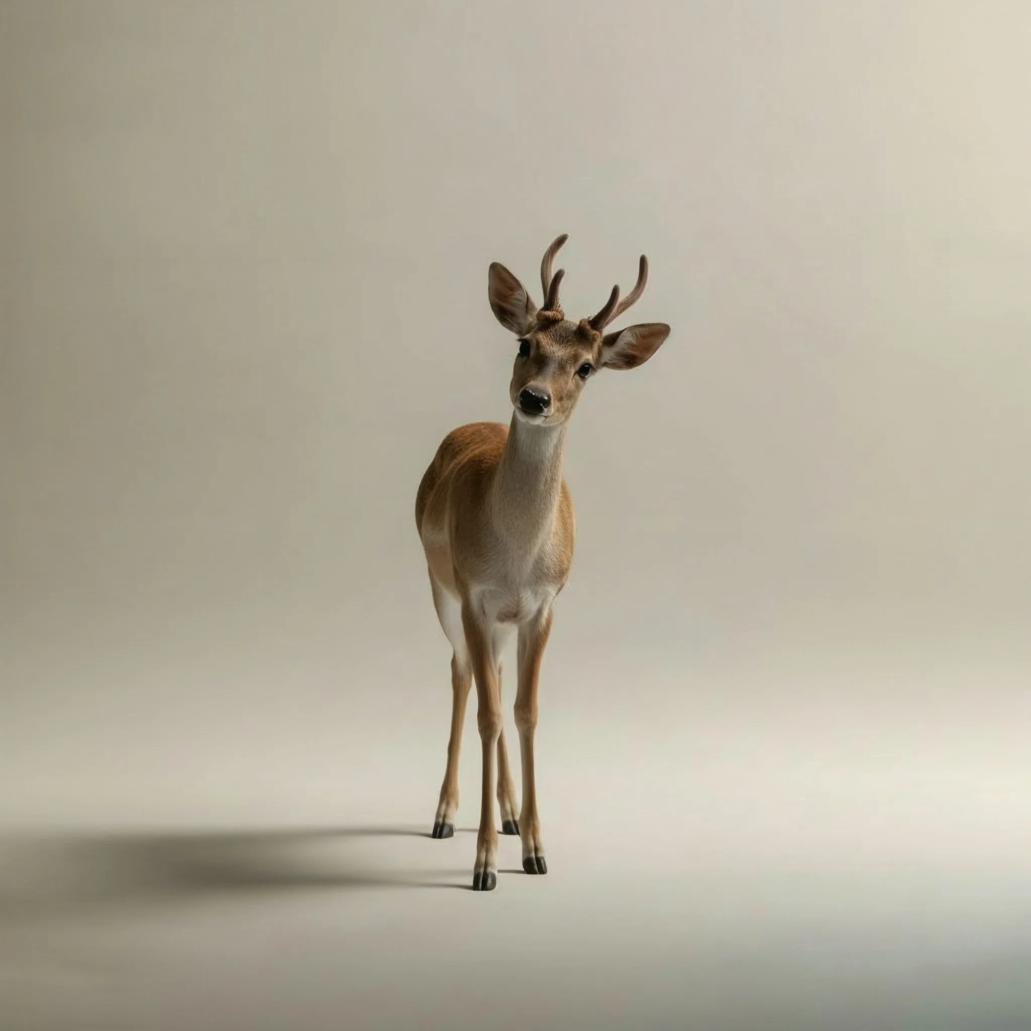 Un jeune cerf debout sur fond neutre, regardant vers l'objectif.