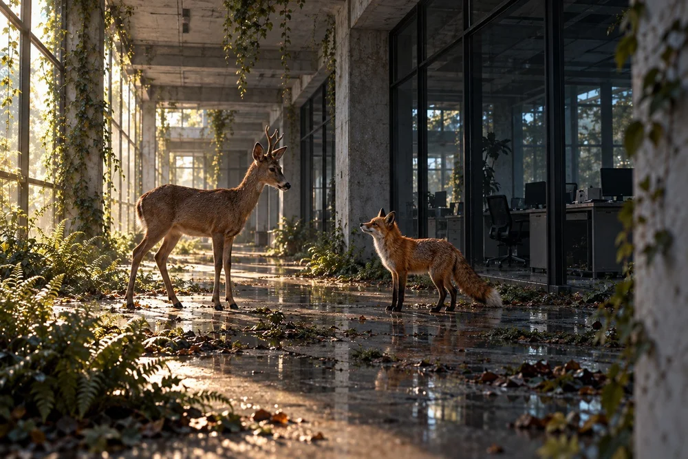 Le daguet et un renard se rencontrent dans une allée de l’atrium, entre béton, fougères et lumière.