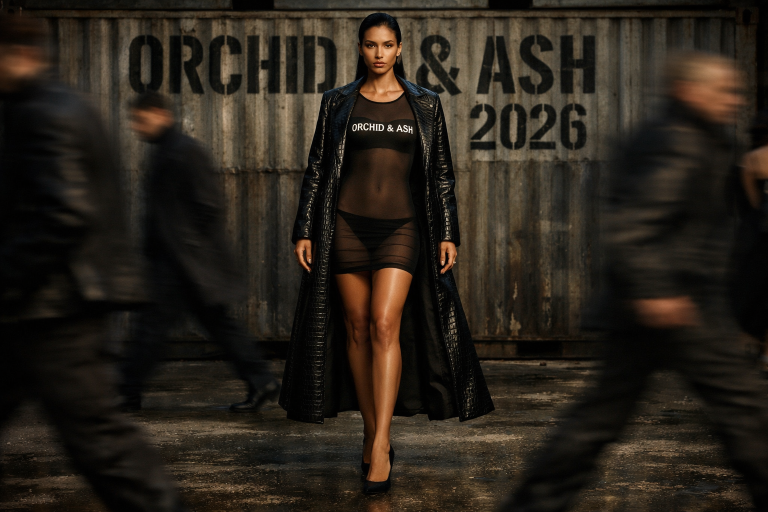 A woman walking confidently in a fashion show, wearing a sheer black outfit and a long black leather coat, with blurred figures of spectators walking past her, and a rustic background with a sign that says 'ORCHID & ASH 2026'.