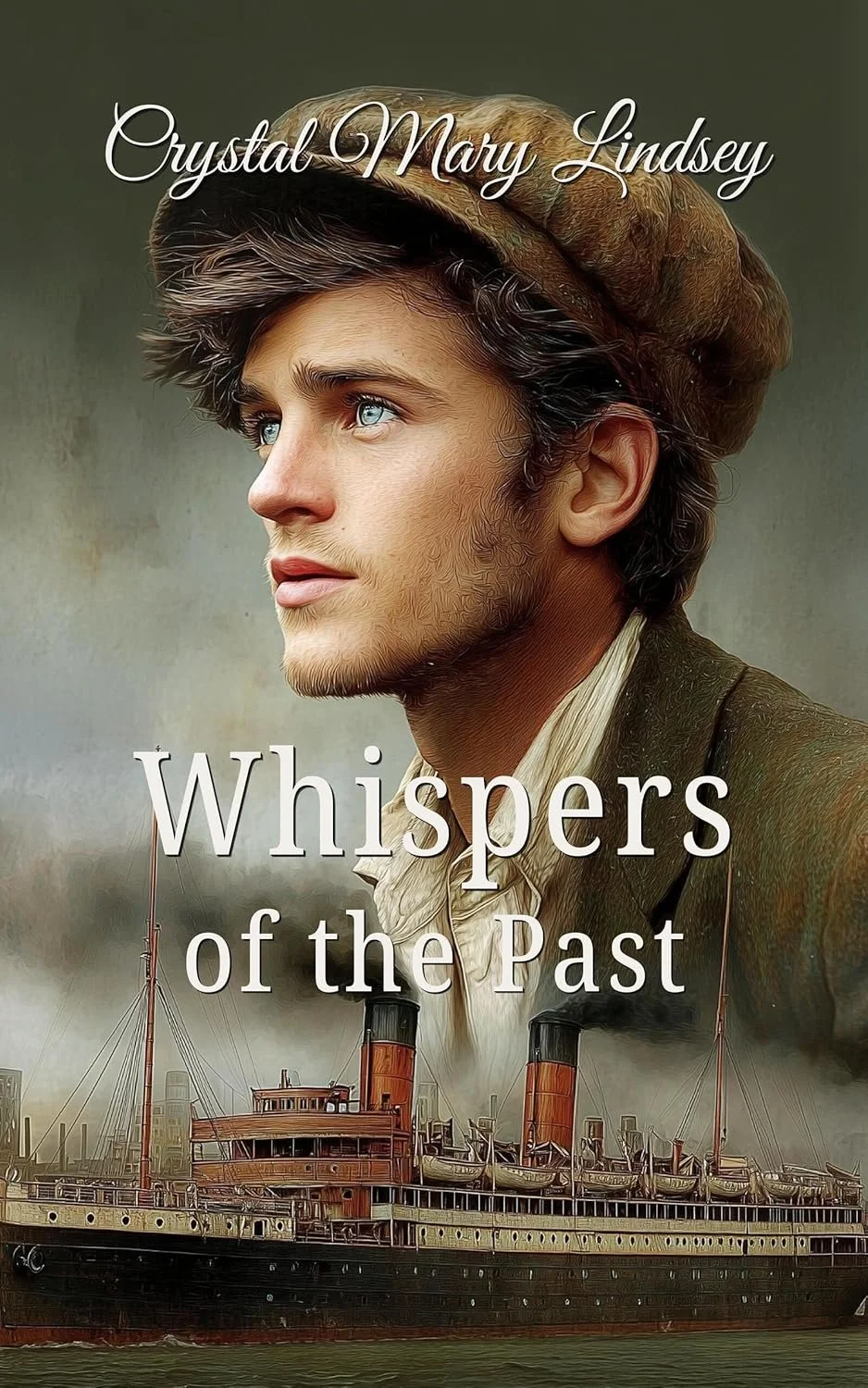Book cover for "Whispers of the Past" by Crystal Mary Lindsey depicting a young man with blue eyes wearing a vintage hat, with an old ship in the background.