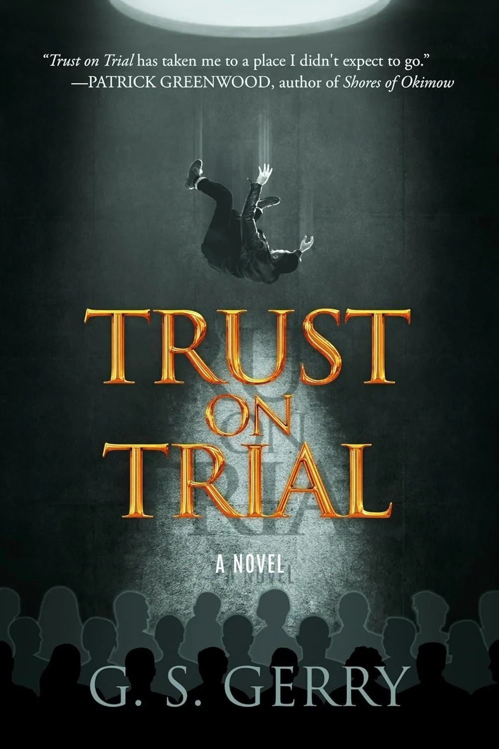The cover of the book "Trust on Trial" by G. S. Gerry, featuring a person falling upside down with a spotlight shining below, a crowd silhouette at the bottom, and a quote at the top.
