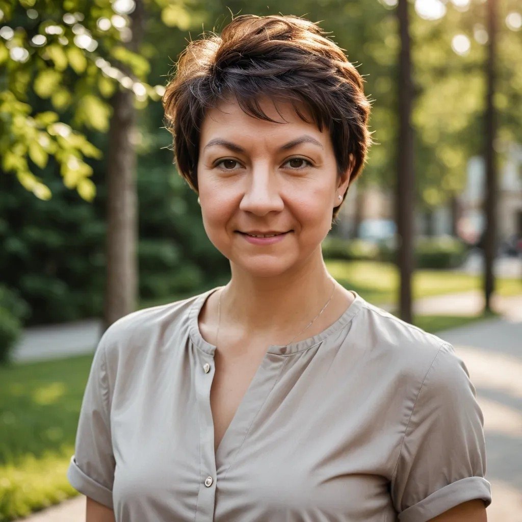Portrait of a woman with short brown hair, wearing a beige blouse, outdoors with trees and a park in the background.