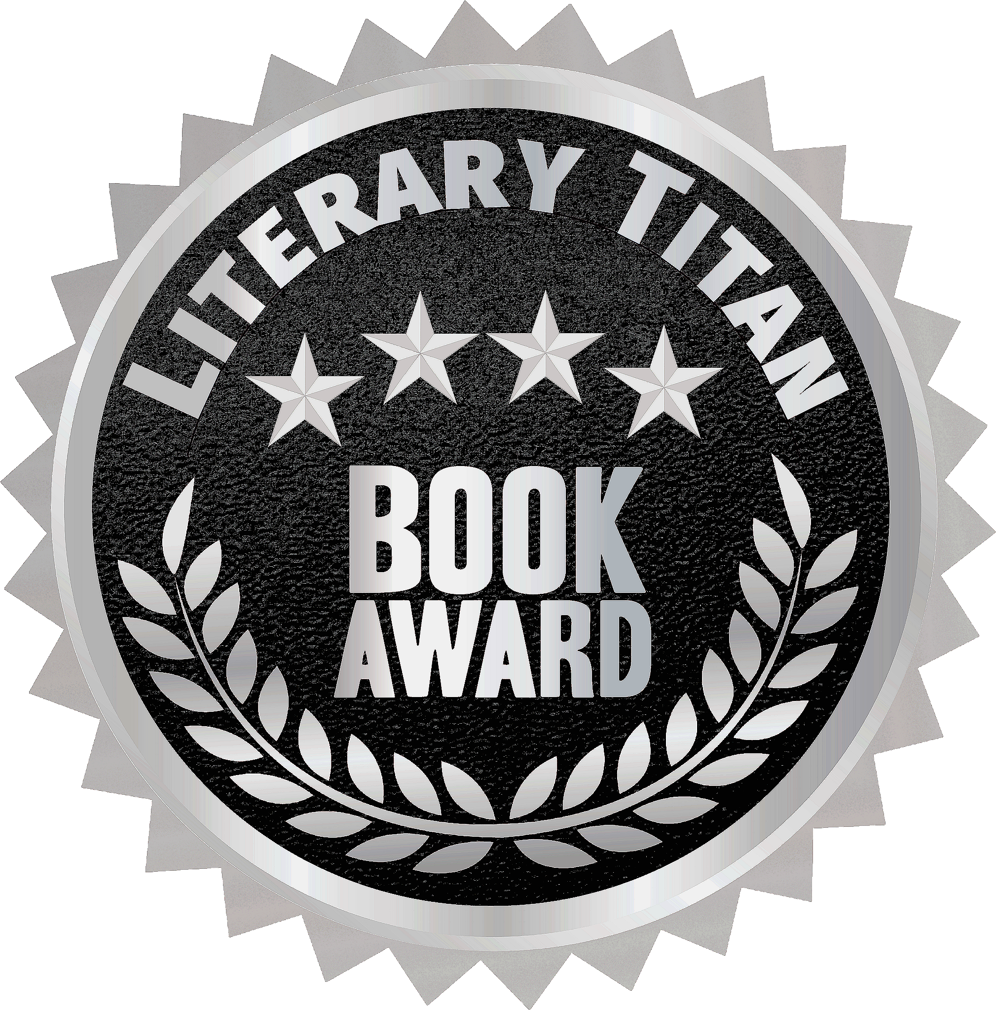 Silver and black circular badge with the text 'Literary Taxan Book Award', four stars at the top, and laurel branches at the bottom.