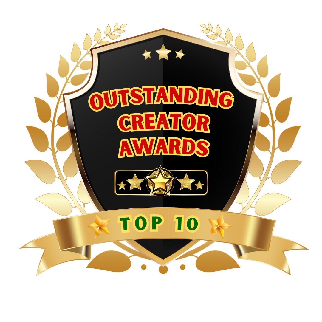 Award badge for top 10 outstanding creator awards featuring a black shield with gold accents and stars, surrounded by a gold laurel wreath, with a gold ribbon banner reading 'Top 10' in green and yellow text.
