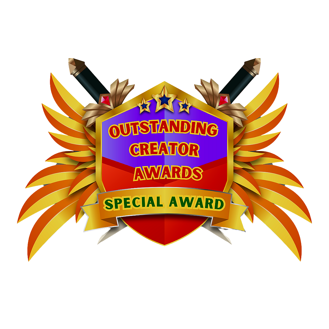 Colorful award badge with the text "Outstanding Creator Awards" and "Special Award" on ribbon, decorated with stars, feathers, and two black pens.