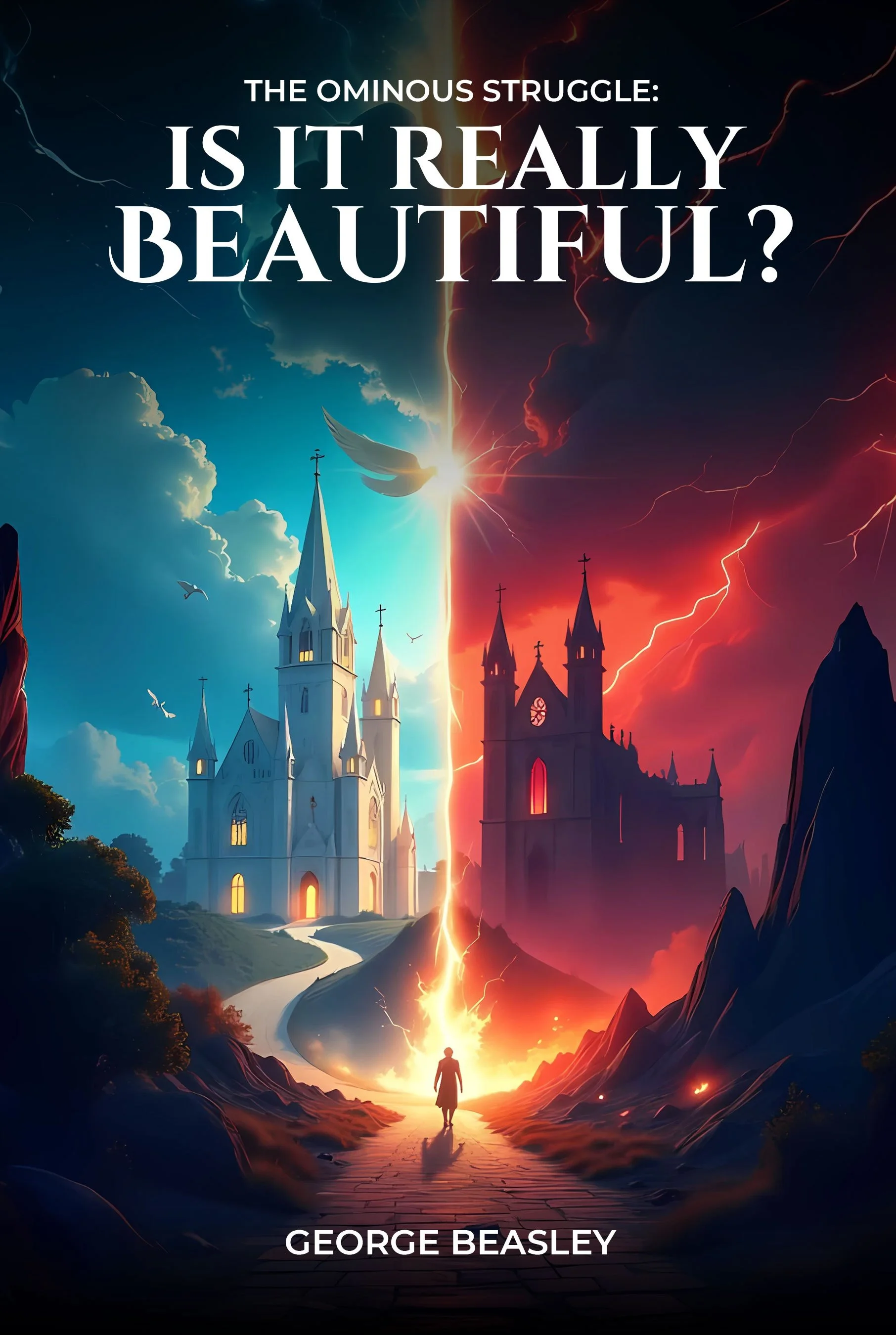 Book cover with a dramatic scene of a castle divided by a lightning bolt, with a person walking toward the castle at sunset. The title reads 'The Ominous Struggle: Is It Really Beautiful?' and the author is George Beasley.