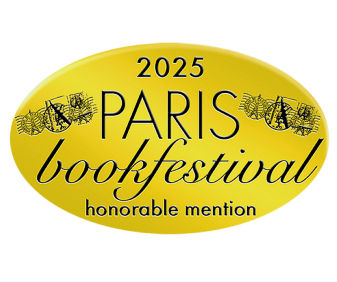 Yellow oval sticker with black text that reads "2025 Paris Book Festival honorable mention" and small bee illustrations.