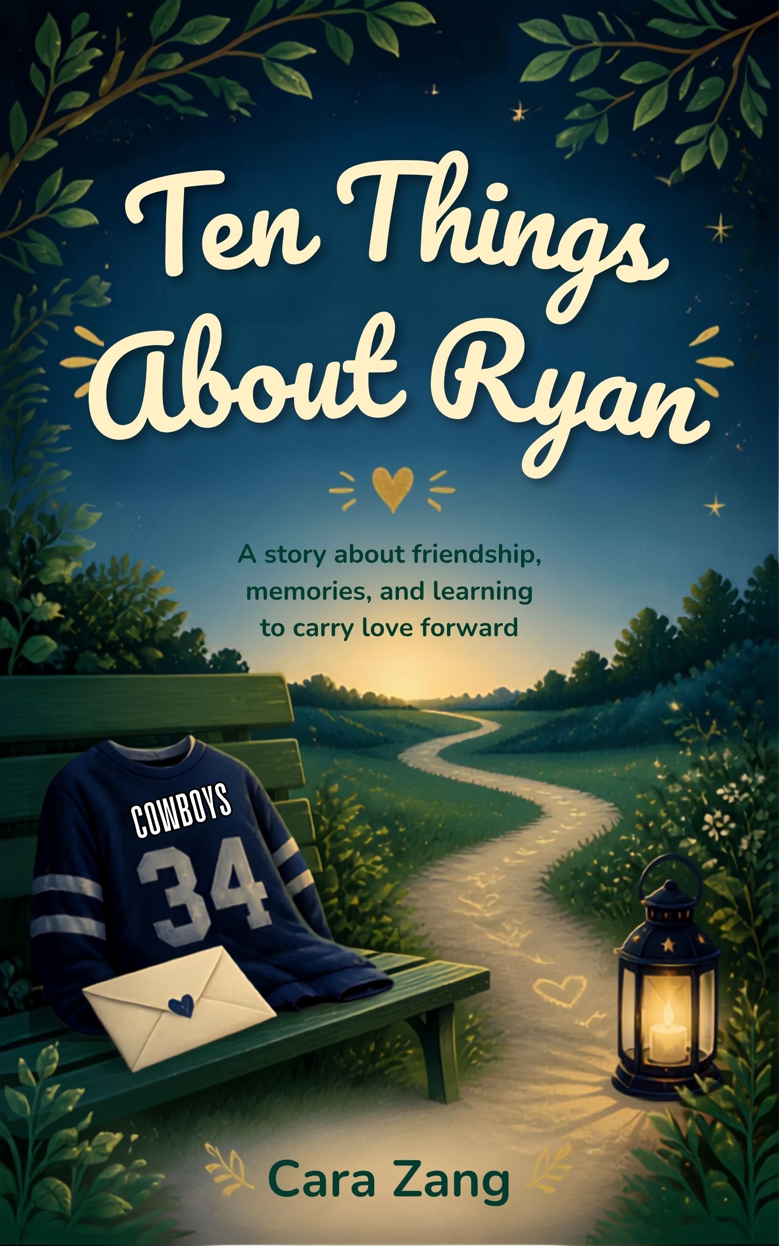 Book cover titled 'Ten Things About Ryan' with a background of an evening park scene featuring a bench, a Dallas Cowboys jersey, an envelope, a lantern, and decorative hearts.