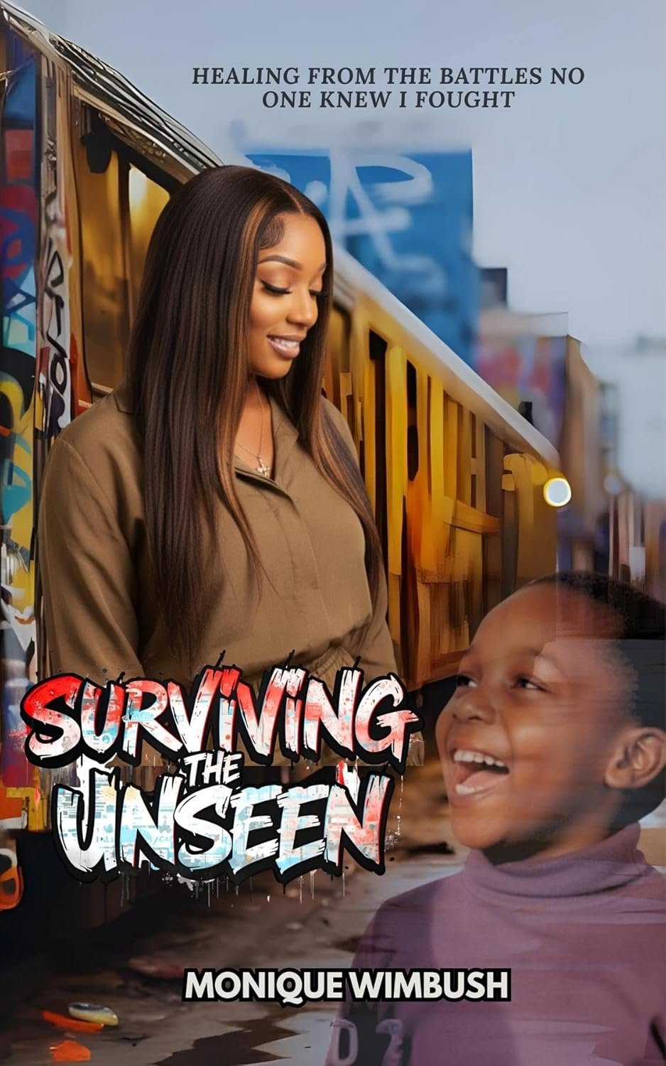 Book cover featuring a woman and a child smiling at each other, graffiti background, title 'Surviving the Unseen' in bold letters, author's name Monique Wimbush at the bottom.