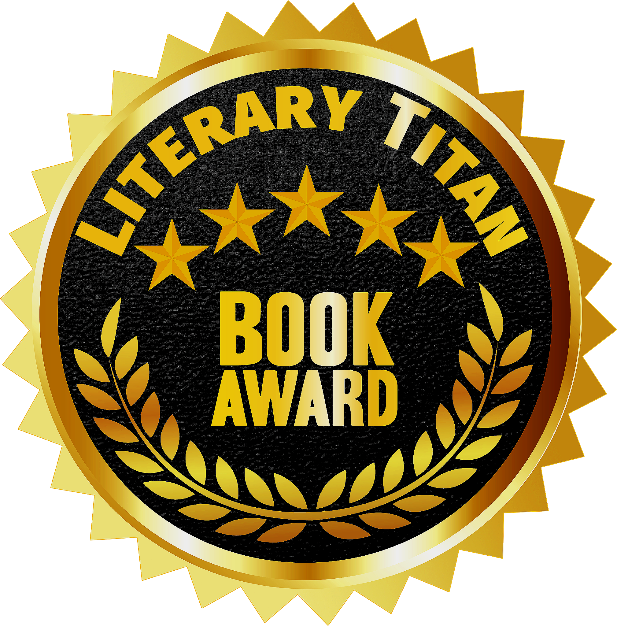 Gold and black badge design with the text 'Literary Token Book Award' and five stars at the top, surrounded by a laurel wreath.