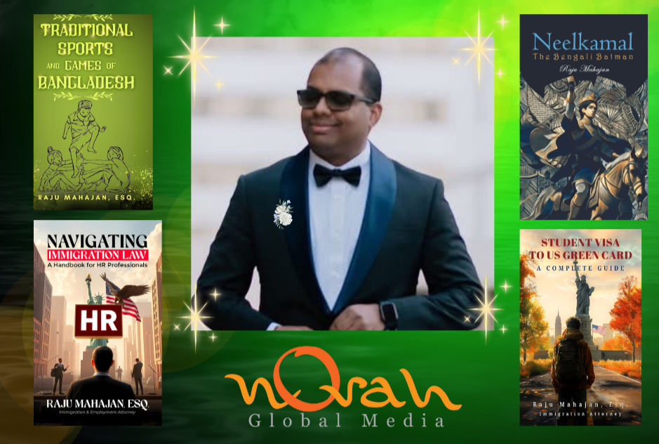 A man in a tuxedo with sunglasses standing outdoors, with book covers on the left and right sides of the image, and a green background with stars and the logo 'norah Global Media' at the bottom.