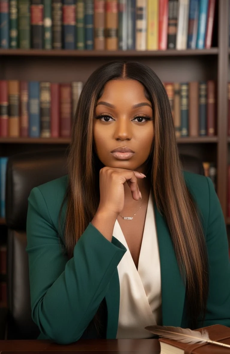 A woman sitting at a desk with a thoughtful expression, wearing a dark green blazer and white blouse, in front of a bookshelf filled with colorful books.