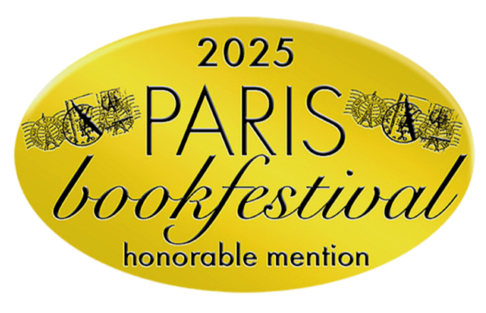 Yellow oval badge for the 2025 Paris Book Festival with a black border, featuring text that says "2025 PARIS book festival" and "honorable mention," along with illustrations of bees.