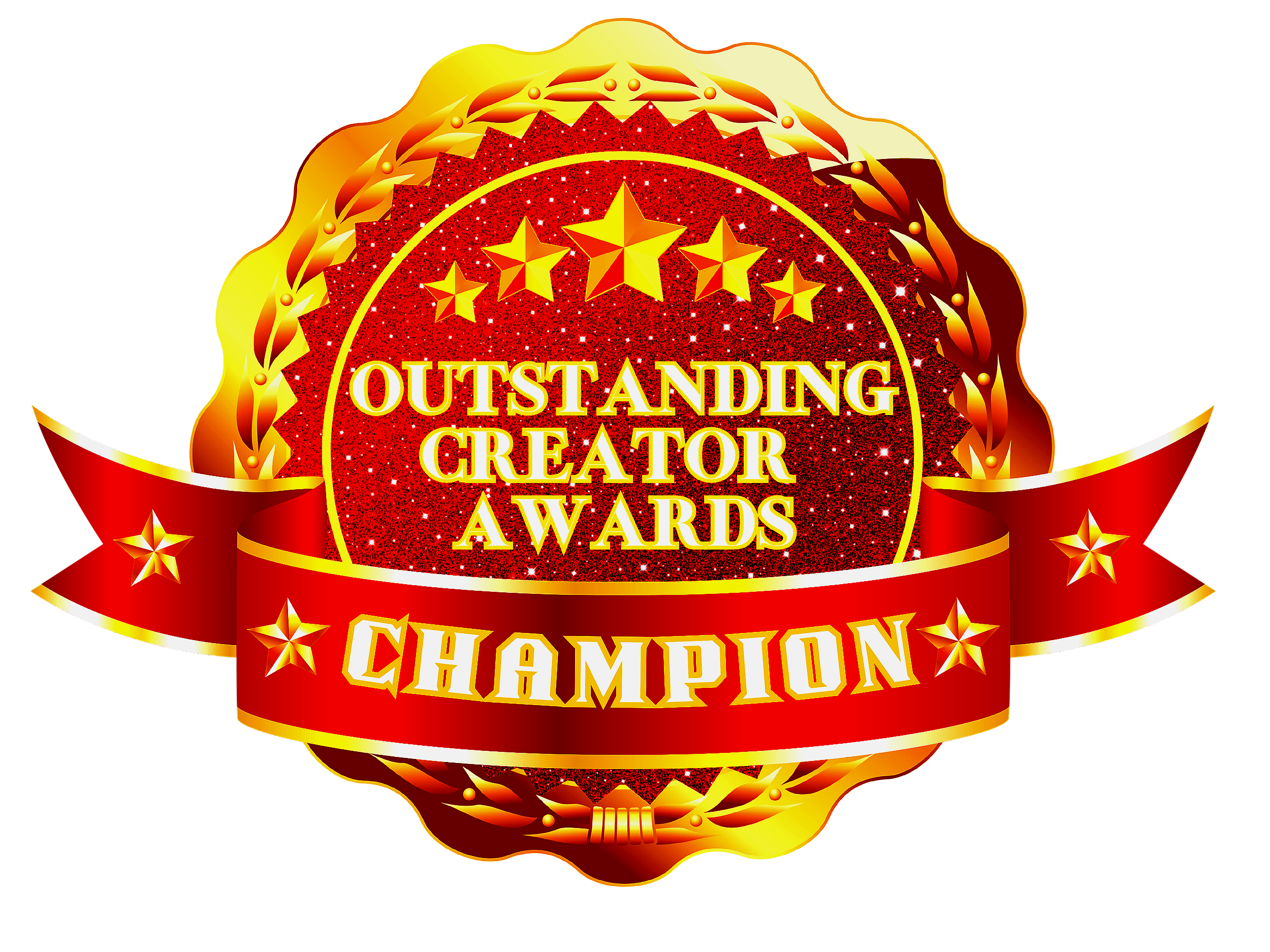 Gold, red, and yellow award badge with stars, announcing 'Outstanding Creator Awards Champion'.
