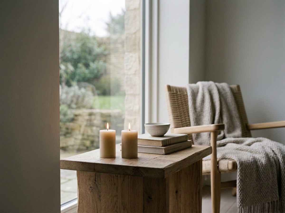 A cozy interior scene with two lit candles, a bowl, and stacked books on a rustic wooden table next to a wicker armchair draped with a blanket, by a window with a view of a garden.