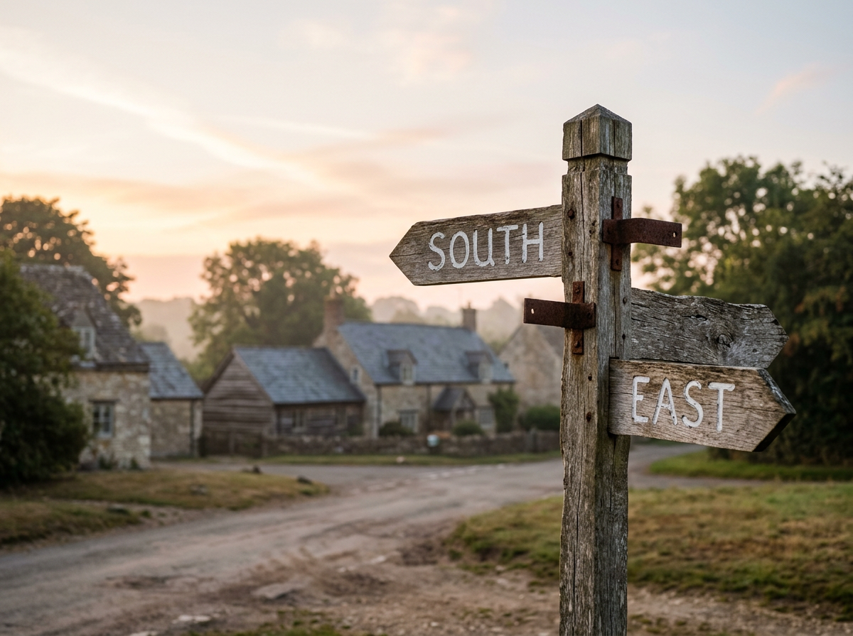 A rustic wooden signpost with arrows pointing south and east, situated in a rural village during sunset.