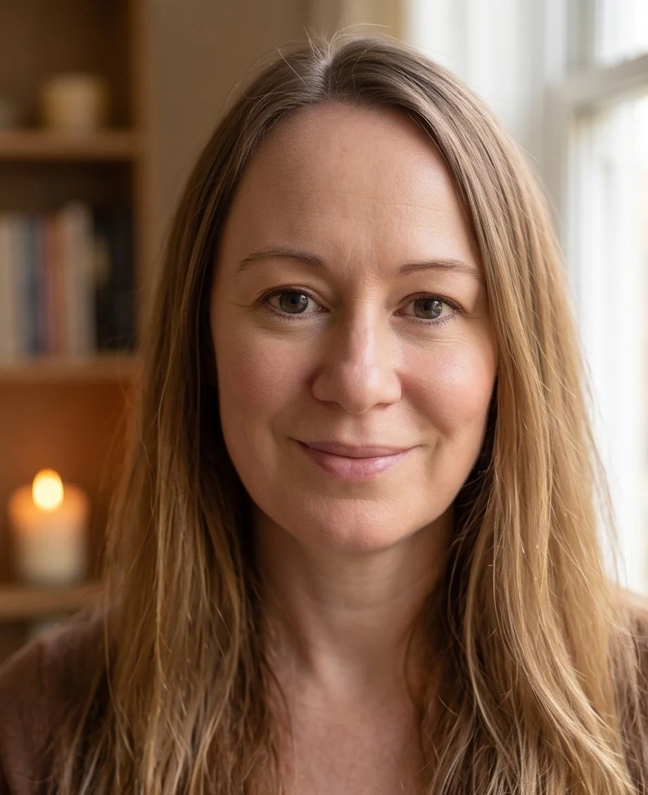 Close-up of a smiling woman with long, light brown hair in a cozy room with a bookshelf and lit candle in the background.