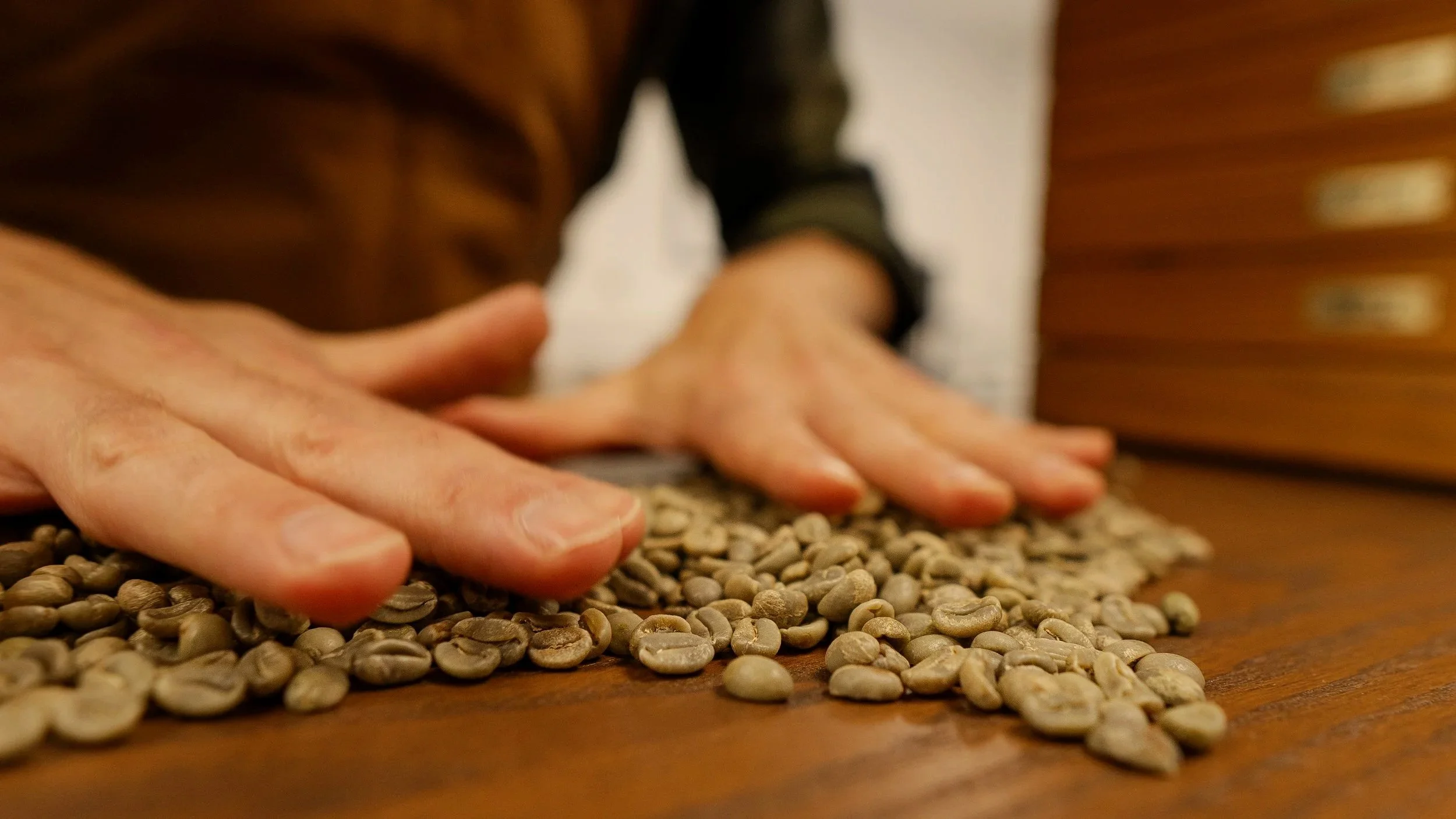 Close-up of hands pressing raw coffee beans spread on a wooden surface.