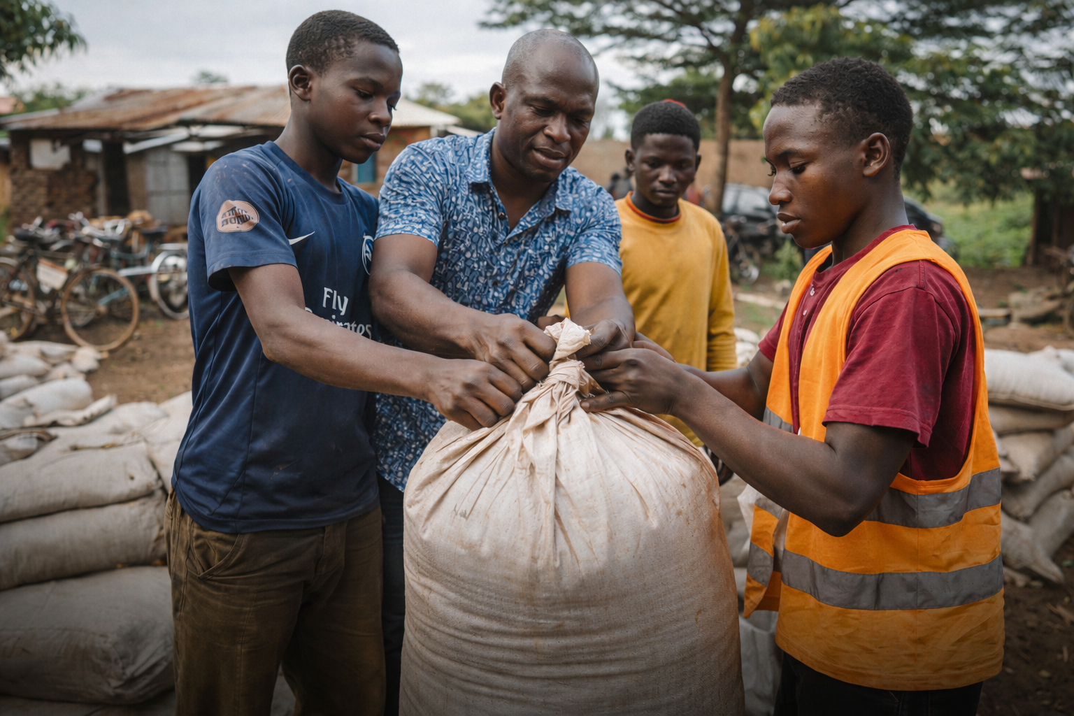 Scenic landscape with a calm turquoise lake, rolling green and brown hills, and rugged mountains under a cloudy sky.