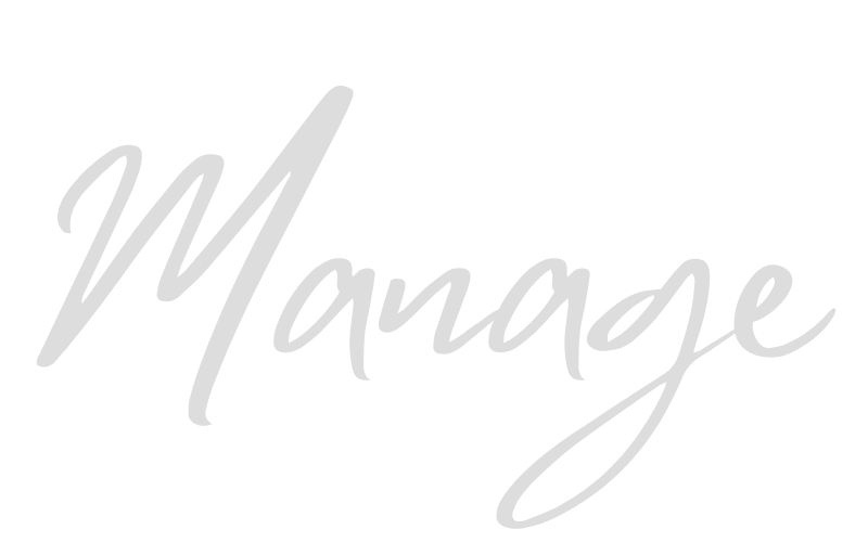 The word 'Manage' written in stylish gray script font on a black background.