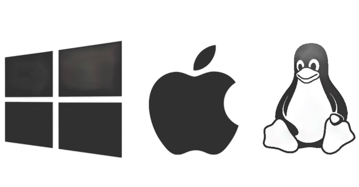 Comparative illustration of operating systems and two tech companies: four Windows logo screens on the left, an Apple logo in the center, and a Linux penguin mascot on the right.