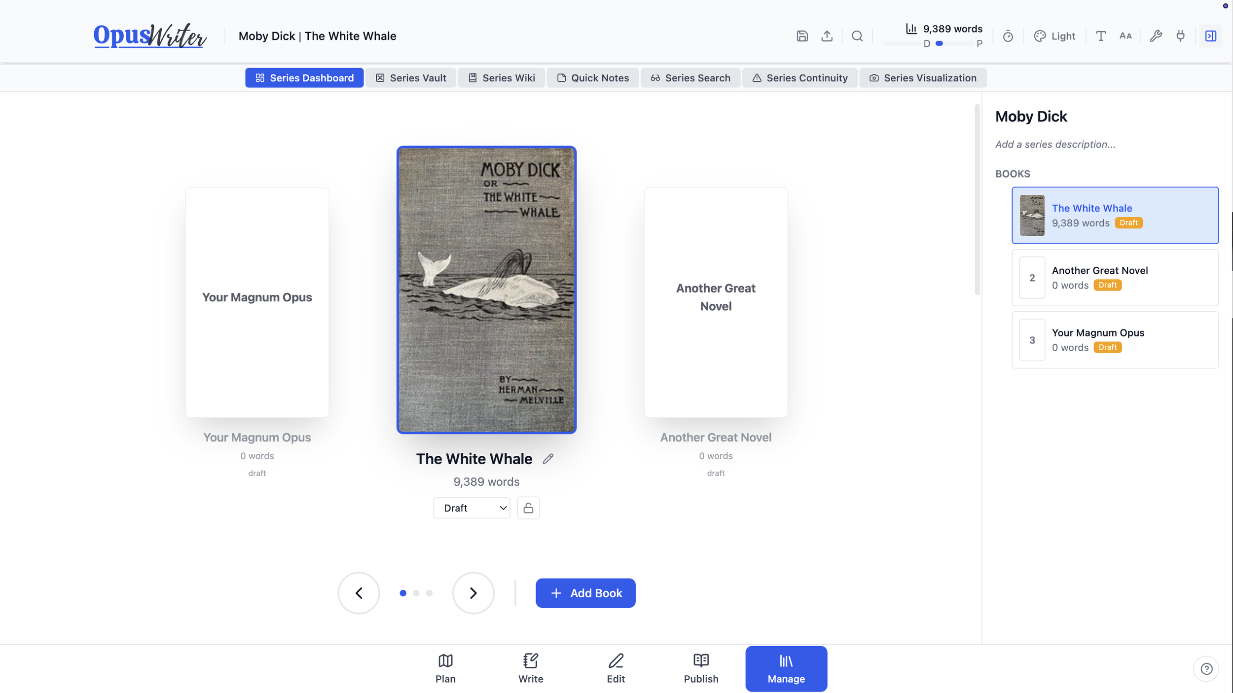Screenshot of a digital library interface showing a book titled 'The White Whale' by Herman Melville, with an illustration of a whale in the water on its cover.