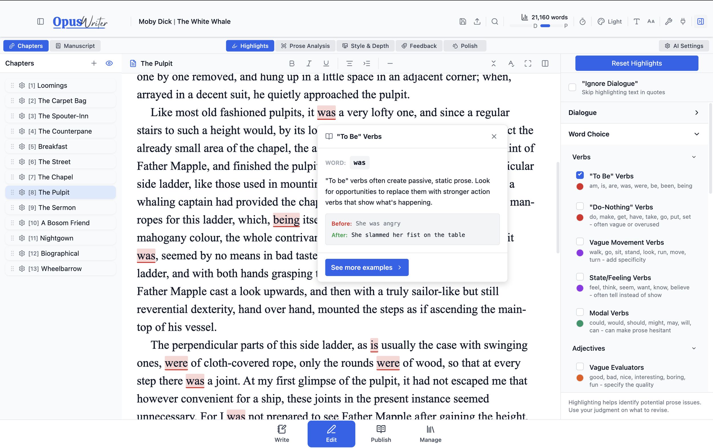A digital screenshot of a writing software page, displaying text from 'Moby Dick' with highlighted and annotated words. The left sidebar lists chapter names, and the right sidebar contains editing options and word choice suggestions. The top menu includes options for highlights, prose analysis, style, and feedback.