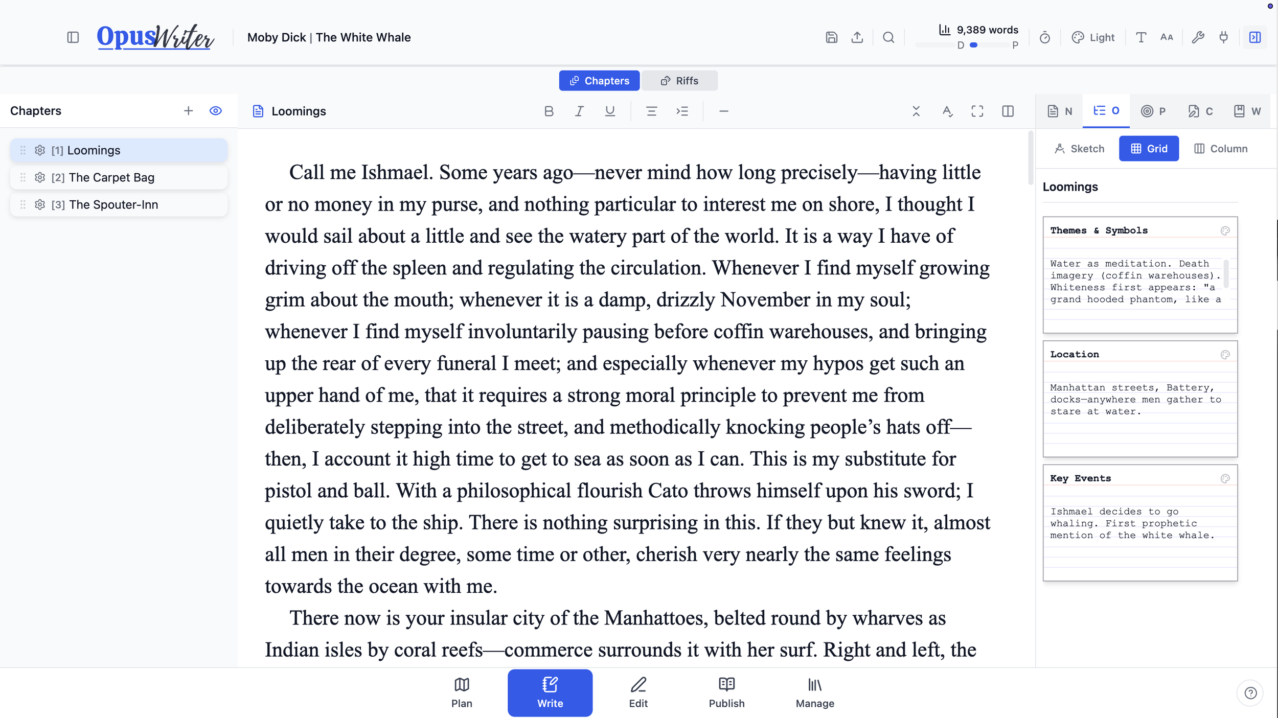 Screenshot of a digital writing application with the title 'Opus Writer' and an ongoing writing project titled 'Call me Ishmael.' The visible text appears to be an excerpt from 'Moby Dick,' with chapter titles and notes on the right side.