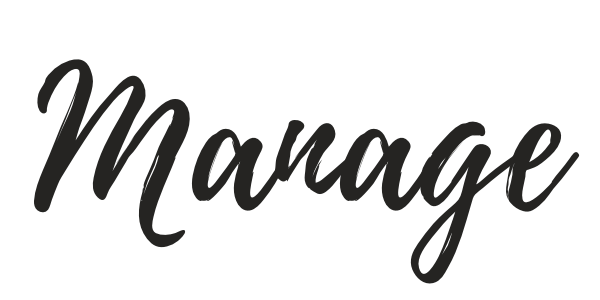 The word "Manage" written in white script on a black background.