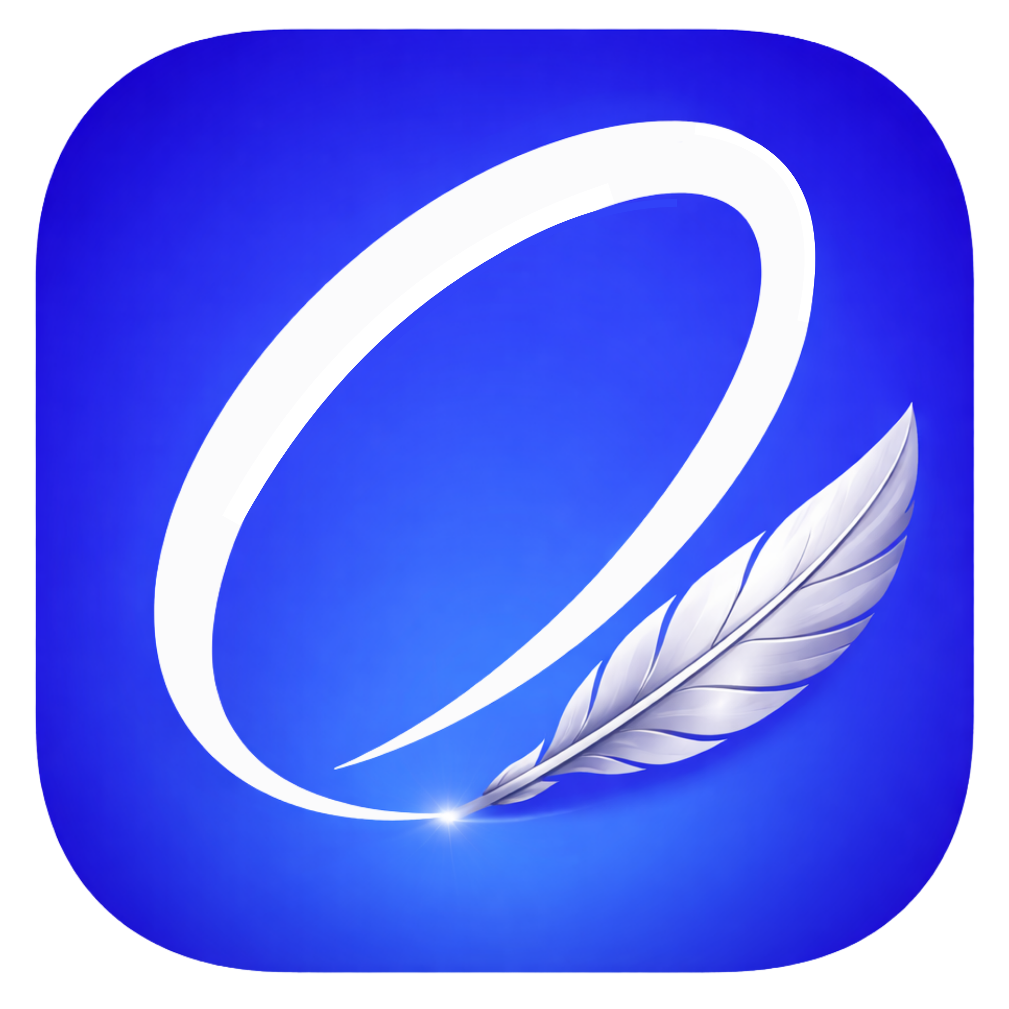 Blue app icon with a white stylized eclipse shape and a silver feather.