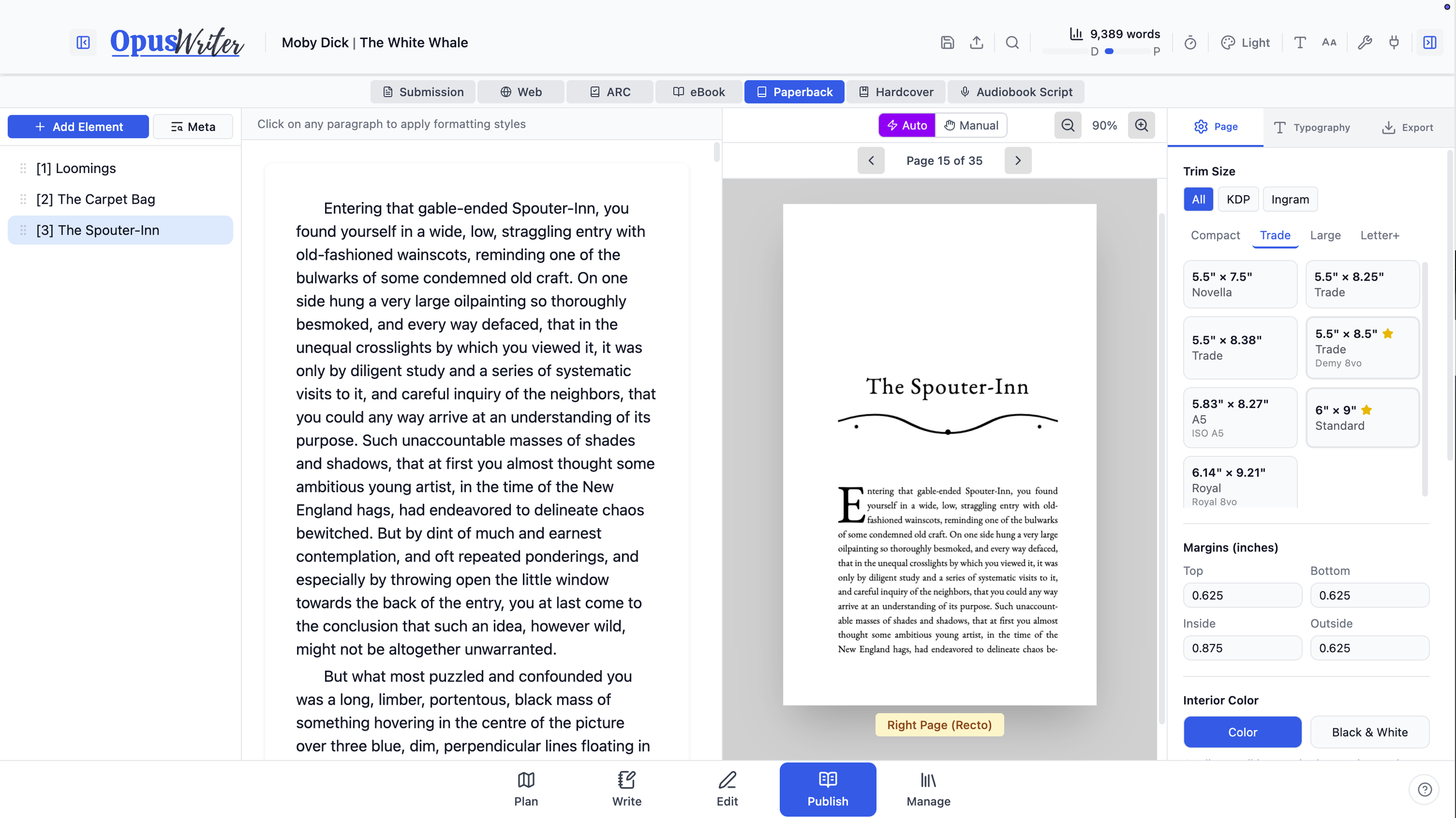Screenshot of a digital book formatting software showing a page from 'The White Whale' by Moby Dick, with text on a white background and formatting tools on the right.