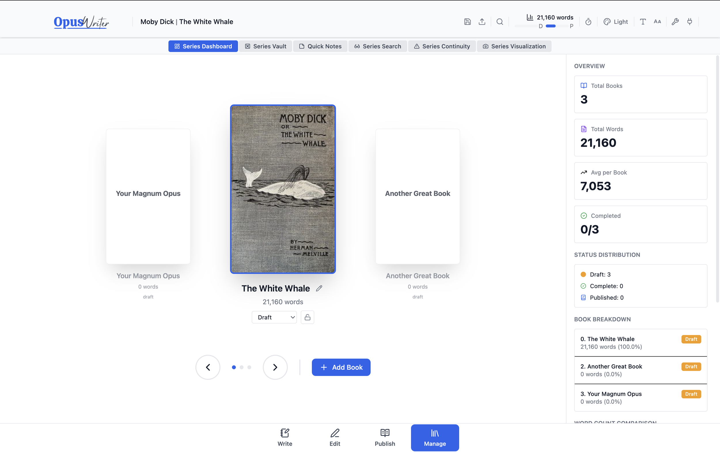 Screenshot of a writing management interface for a book titled "The White Whale" by Herman Melville. The interface shows one book selected, with a cover image of a whale and the title on a textured background, and two other book placeholders labeled "Your Magnum Opus" and "Another Great Book." On the right, there are statistics and details about the book, including word count and draft status.
