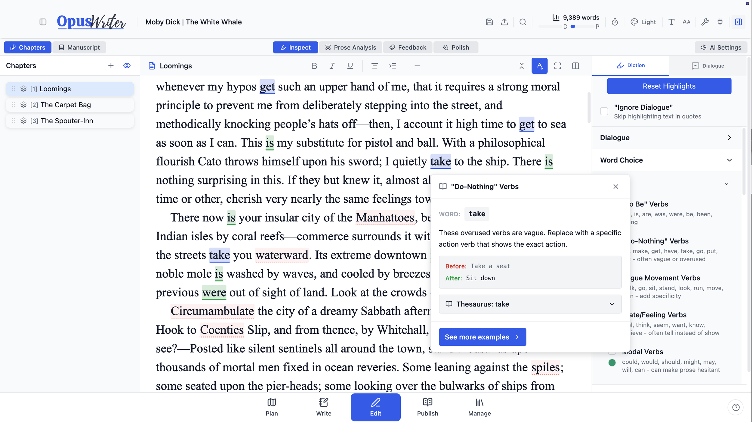 Screenshot of a digital manuscript editing software displaying a chapter from 'Moby Dick' titled 'The White Whale'. The text includes highlighted words and editing suggestions, with a side panel showing chapter titles and editing options.