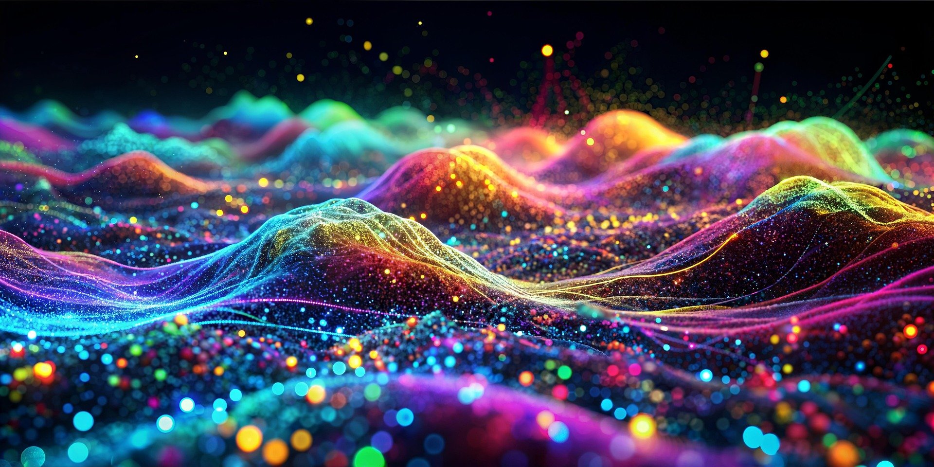 Colorful digital landscape with glowing waves, dots, and sparkles in shades of blue, purple, pink, yellow, and green, resembling a vibrant, abstract representation of a digital or cosmic terrain.